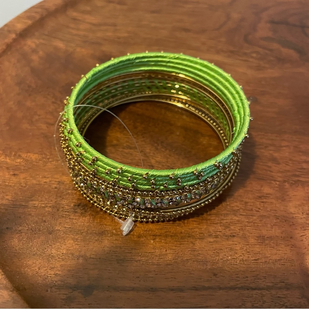 Green and Gold Threaded Stackable Bangle Bracelet Set - Picture 2 of 3